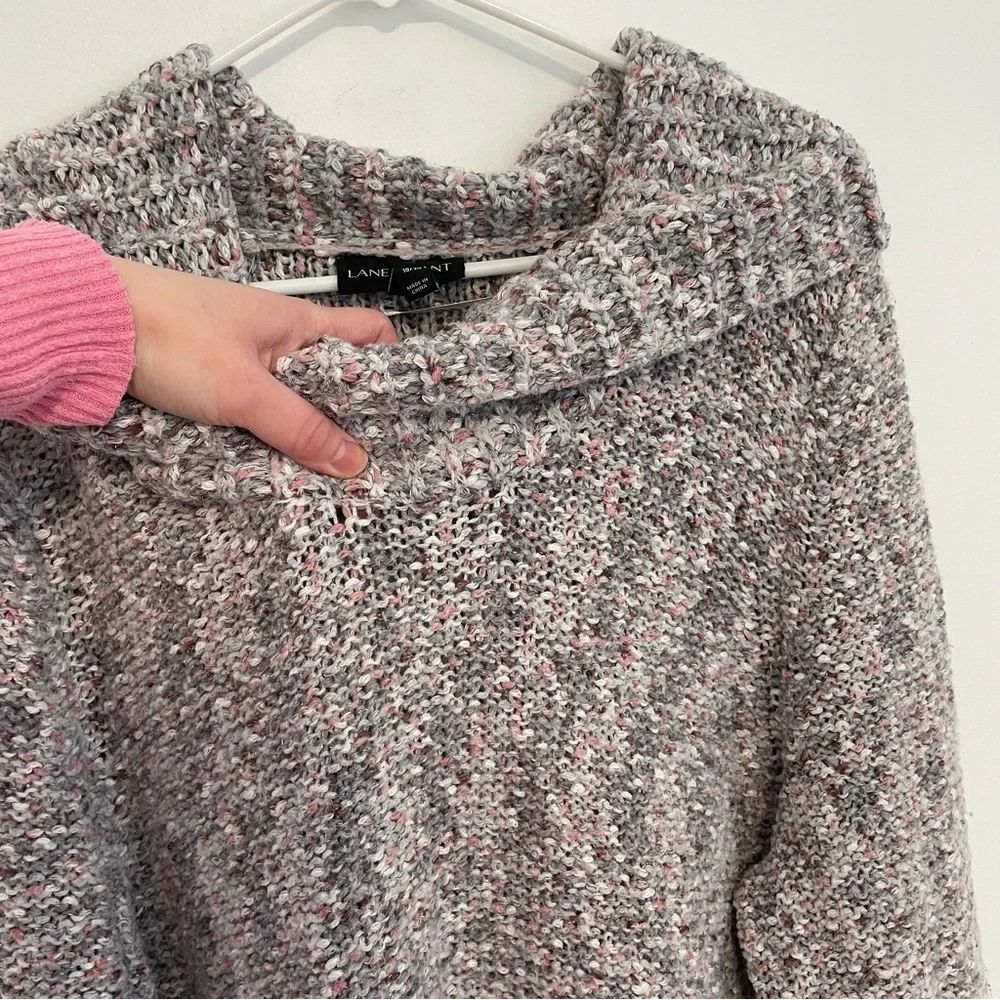 LANE BRYANT Plus Size Cowl Neck Sparkle Eyelash Sweater Gray Pink Chunky Knit 2X